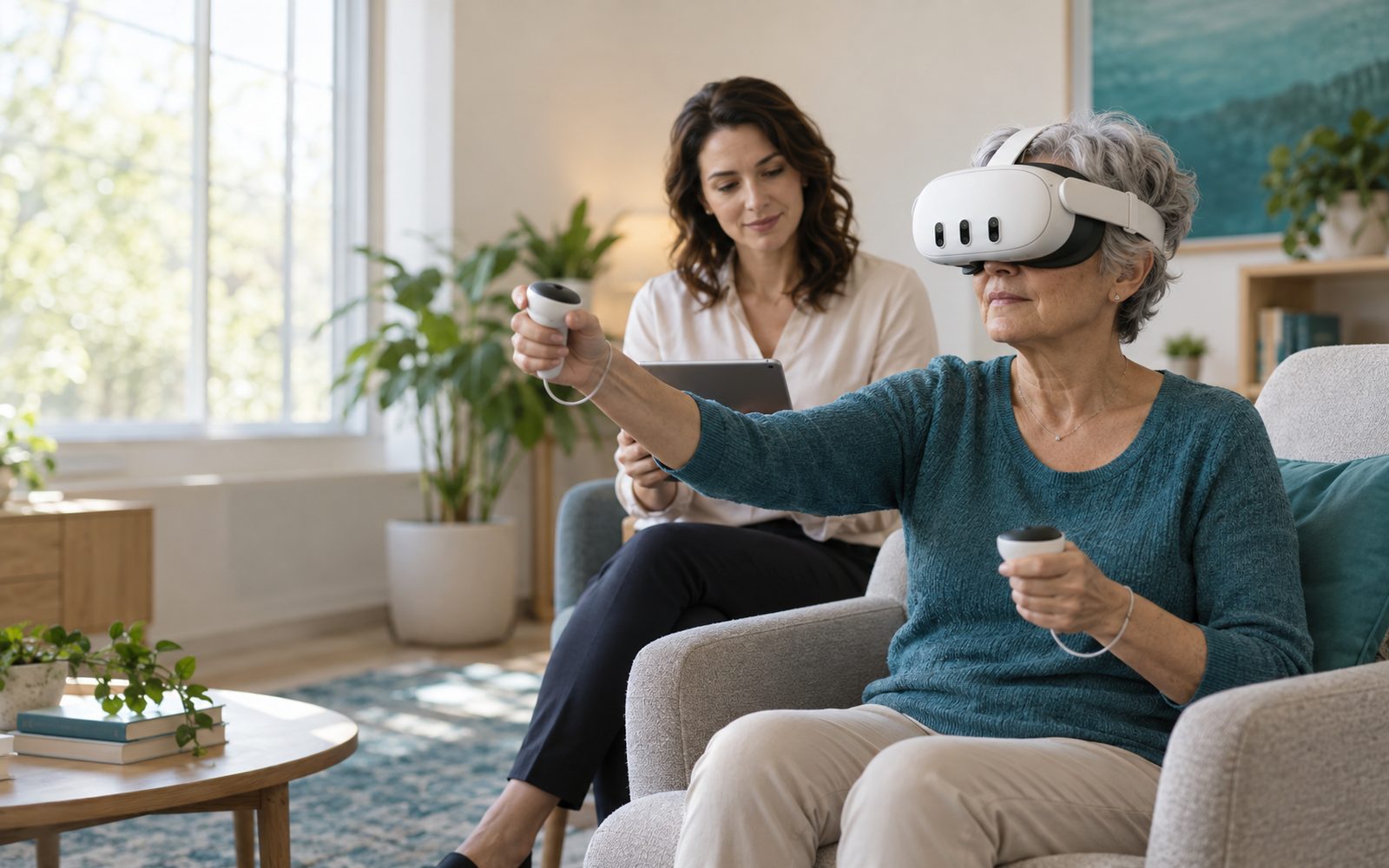 Paciente idosa em sessão de realidade virtual com óculos Meta Quest 3, acompanhada pela terapeuta com um tablet
